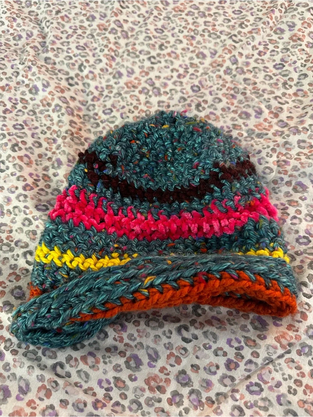Hand-Knit Kids Beanie in Teal with Pink, Orange & Yellow Accents
